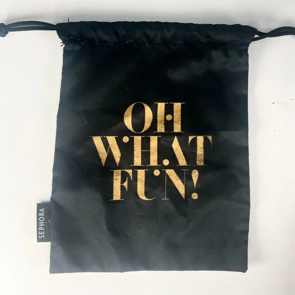 Sephora Oh What Fun Drawstring Nylon MakeUp Delicates Travel Bag Black Gold New